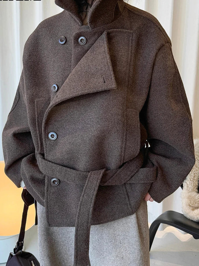 معطف صوف سميك كبير الحجم بياقة جديدة وأكمام طويلة، مناسب لفصلي الخريف والشتاء