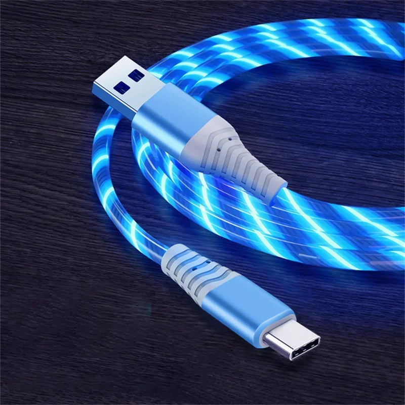 كابل بيانات وشحن سريع، كابل USB من النوع C مضيء بقوة 5 أمبير، كابل شحن سريع مزود بإضاءة LED