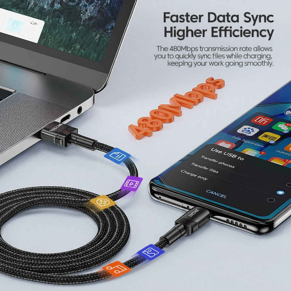 كابل شحن ونقل بيانات USB-C سريع  بقوة 100 واط و6 أمبير، متوافق مع هواتف هواوي، وهونر، وون بلس، وريلمي، وشاومي، وسامسونج.