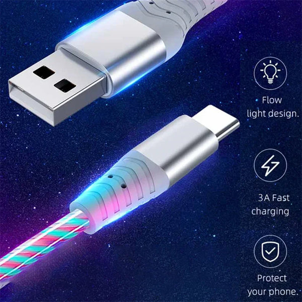 كابل بيانات وشحن سريع، كابل USB من النوع C مضيء بقوة 5 أمبير، كابل شحن سريع مزود بإضاءة LED