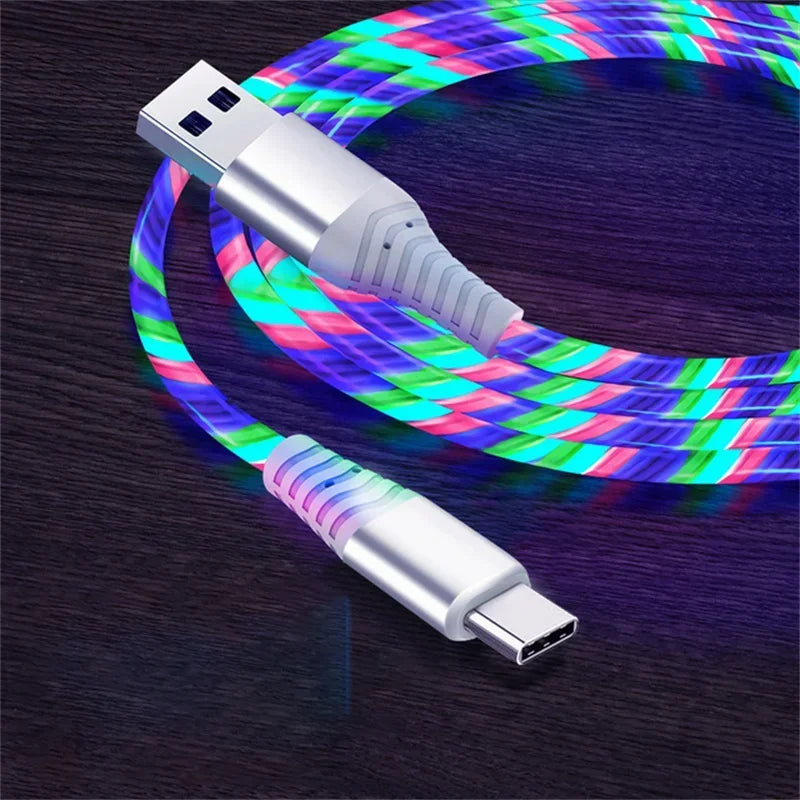 كابل بيانات وشحن سريع، كابل USB من النوع C مضيء بقوة 5 أمبير، كابل شحن سريع مزود بإضاءة LED