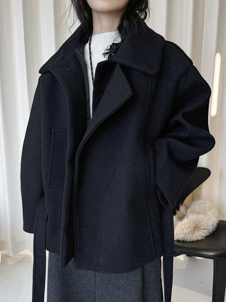 معطف صوف سميك كبير الحجم بياقة جديدة وأكمام طويلة، مناسب لفصلي الخريف والشتاء