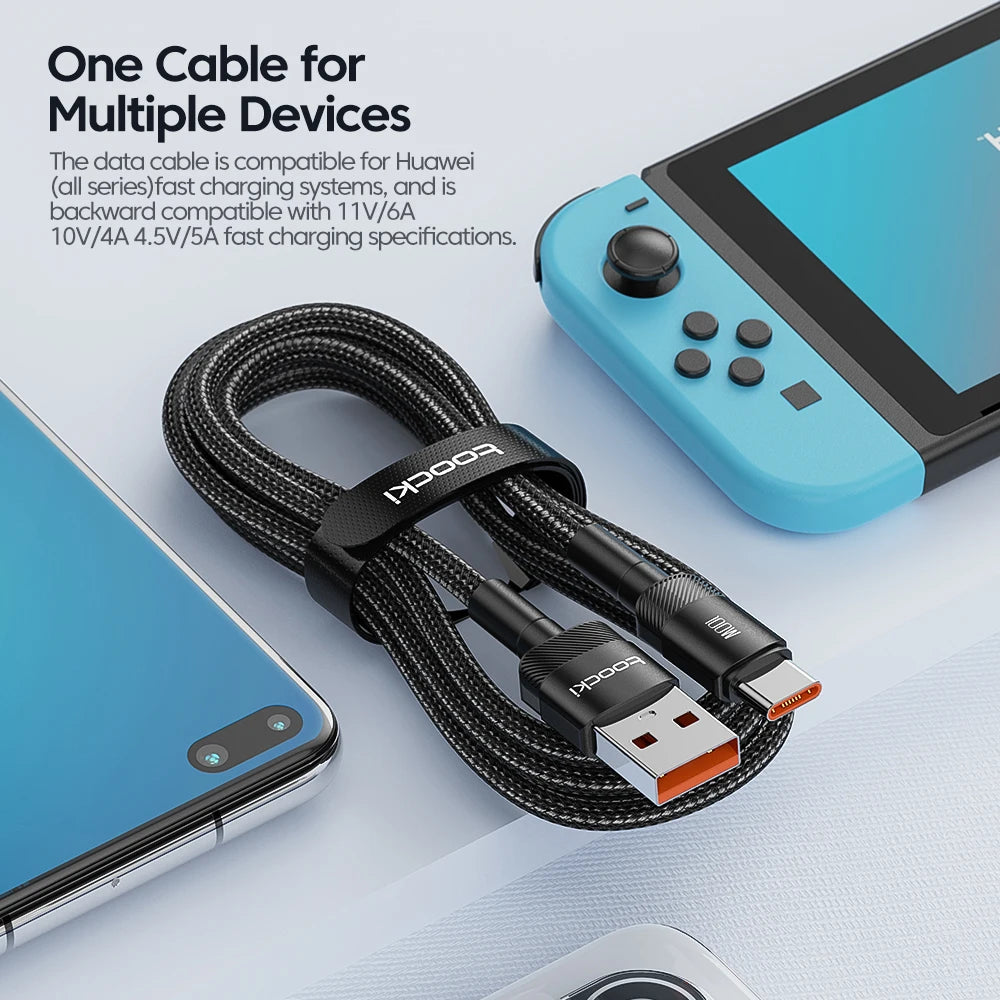 كابل شحن ونقل بيانات USB-C سريع  بقوة 100 واط و6 أمبير، متوافق مع هواتف هواوي، وهونر، وون بلس، وريلمي، وشاومي، وسامسونج.
