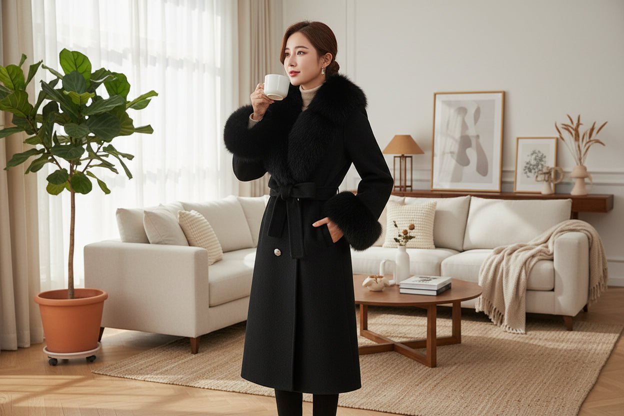 هذا المعطف الصوفي الطويل المصنوع من فرو الثعلب يبرز قوامك ويضفي لمسة أنيقة على إطلالتك الشتوية