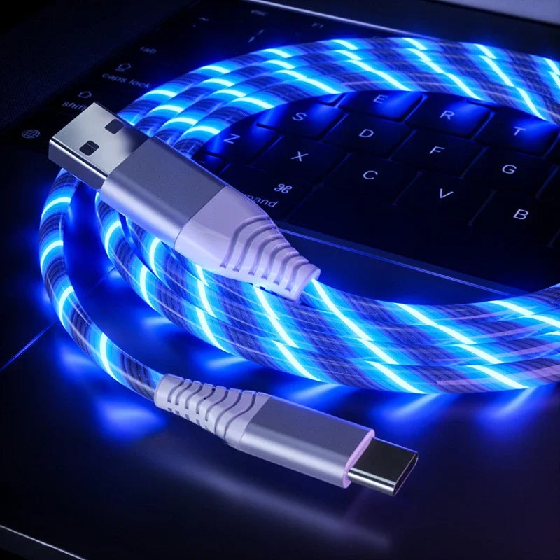 كابل بيانات وشحن سريع، كابل USB من النوع C مضيء بقوة 5 أمبير، كابل شحن سريع مزود بإضاءة LED