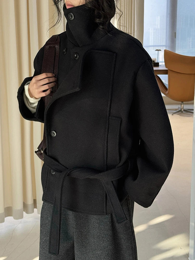 معطف صوف سميك كبير الحجم بياقة جديدة وأكمام طويلة، مناسب لفصلي الخريف والشتاء